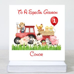 Carte d'anniversaire personnalisée tracteur rouge, animaux de la ferme vache mouton cheval, fêtards, 1er anniversaire fils petit-fils neveu cousin frère filleul