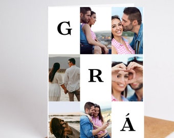 Biglietto fotografico GRÁ (Amore) in lingua irlandese, biglietto Gaeilge, biglietto fotografico con collage di nozze, biglietto Grá, stampa di biglietti fotografici per anniversario, biglietto di nozze irlandese