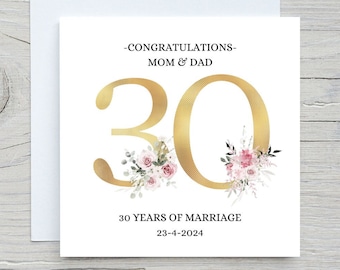 Carte personnalisée 30e anniversaire de mariage, 30 ans de perles, 30 ans de félicitations, 30e anniversaire de mariage, maman et papa, cartes irlandaises
