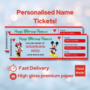 Billet Disneyworld personnalisé Billet révélation surprise pour les parcs, Paris Floride Tokyo, cadeau d'anniversaire Carte d'embarquement Disneyland.