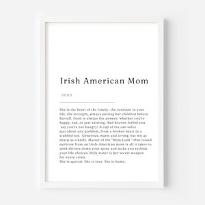 El cartel de arte irlandés de la definición de la mamá irlandesa americana, la impresión de la madre irlandesa, la decoración del hogar irlandés, la impresión irlandesa, el cartel irlandés, el regalo del Día de la Madre