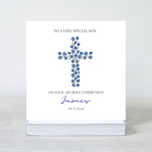 Tarjeta de Primera Comunión Personalizada con Cruz Azul, Tarjeta de Comunión para Niño, Tarjeta de Primera Comunión para Hijo, Sobrino, Ahijado