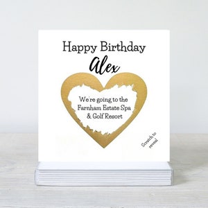 Gratta e vinci a sorpresa per lui o per lei, gratta e vinci di buon compleanno, biglietto con messaggio segreto, gratta e vinci a forma di cuore dorato, gratta e vinci di Natale