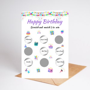 Biglietto regalo gratta e vinci di compleanno, buon compleanno, gratta e vinci, abbina 3, gratta e vinci di compleanno, sorpresa di compleanno