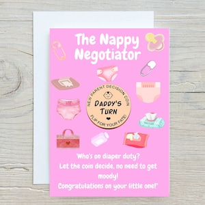 Tarjeta de moneda de decisión de los padres, moneda de decisión de los nuevos padres, tarjeta de broma divertida para mamá y papá, regalo de recién nacido, tarjeta de nuevos padres, tarjeta de bebé divertida nueva