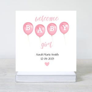 Welkomstkaart meisje, gepersonaliseerde kaart nieuwe baby, ballonkaart meisje, aangepaste kaart babynaam, cadeau nieuwe baby, kaart meisje baby