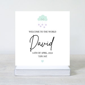Gepersonaliseerde Welcome to the World-kaart, kaart voor nieuwe baby, kaart voor nieuwe ouders, gepersonaliseerde kaart met geboortedetails, kaart voor babymeisje