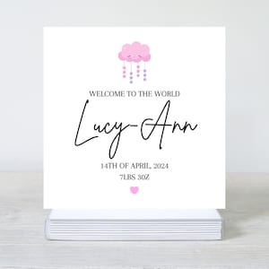 Gepersonaliseerde Welcome to the World-kaart, nieuwe babykaart, kaart voor nieuwe ouders, gepersonaliseerde geboortegegevenskaart, babymeisjeskaart