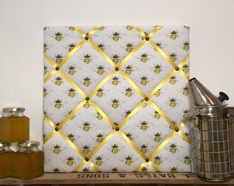 Honeybee fabric ribbon board, noticeboard, memoboard, pinboard, wall organiser, photo display - assorted sizes - yellow ribbon.