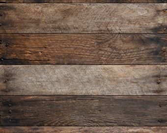 May include: A close-up of a rustic wooden wall with horizontal planks. The wood is a dark brown color with a natural grain pattern. The planks are nailed together with rusty nails.