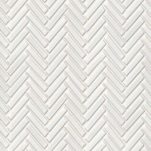 May include: White ceramic tiles arranged in a herringbone pattern. The tiles are glossy and have a subtle texture.
