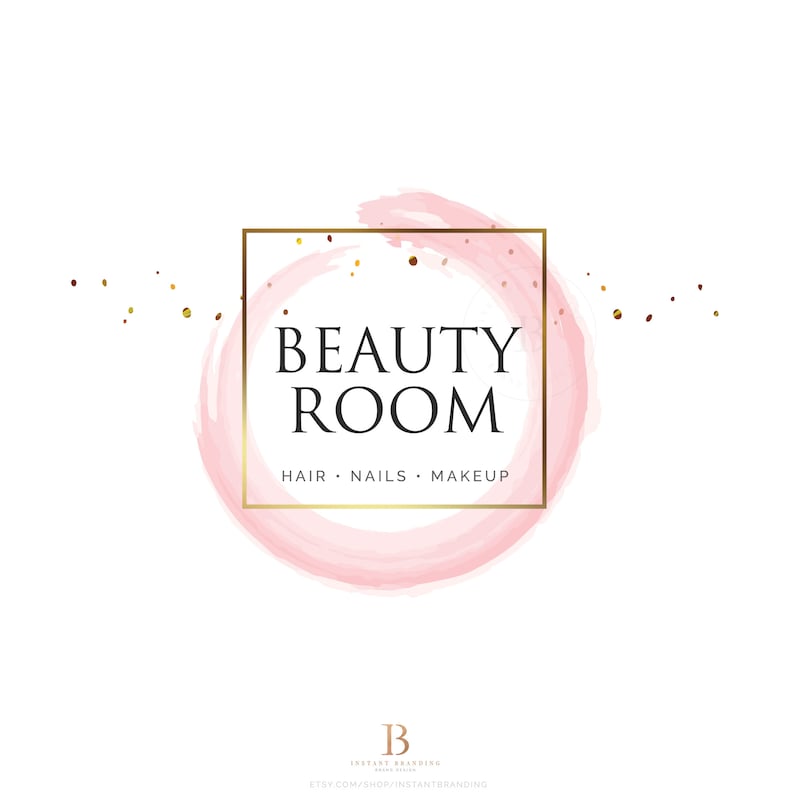 May include: A pink watercolor circle with a gold square frame and the text "BEAUTY ROOM" in black. The text "HAIR - NAILS - MAKEUP" is below the main text. Gold glitter is scattered around the circle.