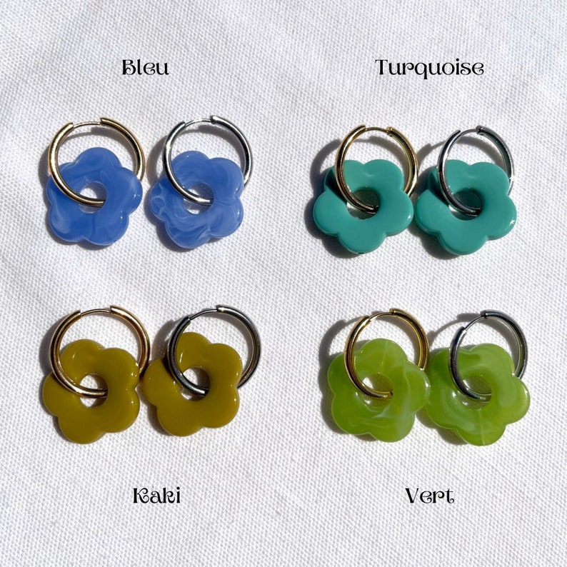 DAISY Boucles doreilles fleurs acrylique colorées et anneau en acier inoxydable image 6