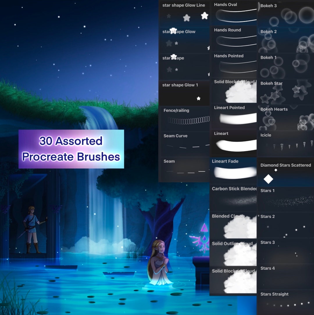 30 Assorted Procreate Brush Pack | Beginners Landscape and Lineart ...