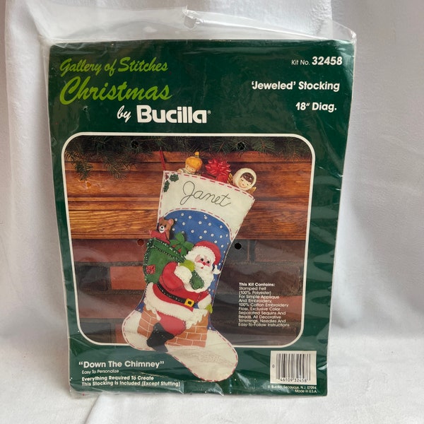 Vtg Bucilla Jeweled Christmas Stocking Kit 32458 Down The Chimney 18in