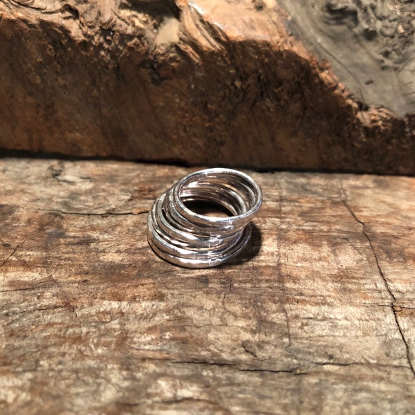 4 Silver Stacking Rings; Hammered Stacking Rings; Textured Silver Rings; Sterling Silver Stacking Ring Set of 4; .925 Ring Set of 4