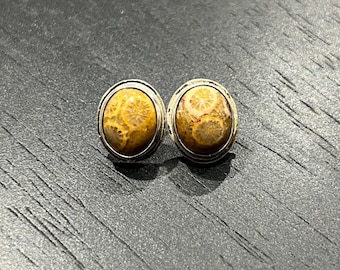 Fossil Coral Studs; Handmade Silver Studs with Coral; Fossilized Coral in Handmade Sterling Silver Earrings; Hypoallergenic Silver Earrings