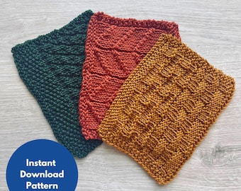 Easy Fall Dishcloth Knitting Pattern Set: Beginner Knit & Purl (PDF Pattern Bundle)