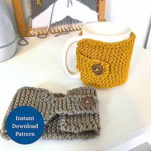 May include: A white mug with a mustard yellow knitted cozy secured with a brown button. A separate gray knitted cozy with a button is also shown. The text "Instant Download Pattern" is on a blue circle.