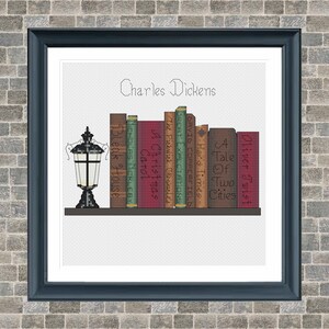 May include: A cross-stitch pattern of a bookshelf with a lantern and books by Charles Dickens. The books are titled "Bleak House", "Nicholas Nickleby", "A Christmas Carol", "Great Expectations", "David Copperfield", "Hard Times", "A Tale of Two Cities", and "Oliver Twist".