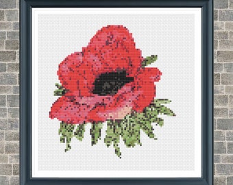 Cross Stitch PDF Pattern / Watercolour Poppy / X Stitch Pattern / Crossstitch / Needlework / Flower Pattern / Poppy Cross Stitch