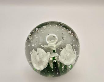 Vintage Murano Style White Flower Art Glass Paperweight