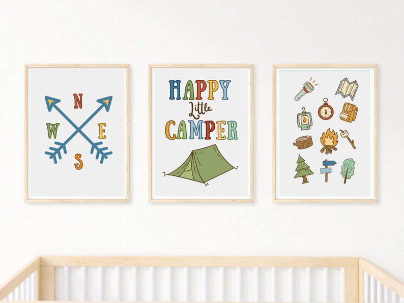 Happy Little Camper Wall Prints, Camping Wall Art, Nursery Wall Art