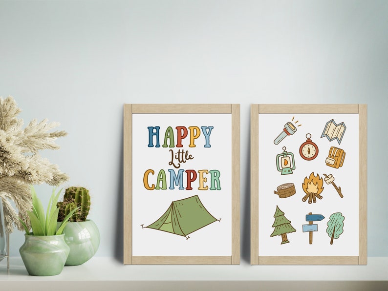 Happy Little Camper Wall Prints, Camping Wall Art, Nursery Wall Art
