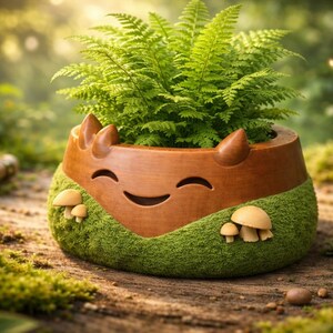 Puede incluir: Una maceta sonriente con un helecho. La maceta es marrón con una base verde musgosa y detalles de hongos. El helecho tiene hojas verdes vibrantes. La maceta está sobre una superficie de madera.