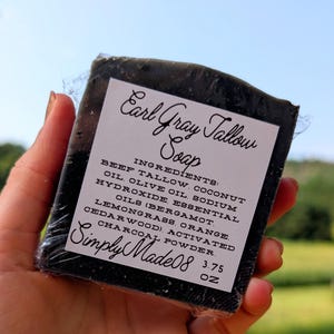 Jabón Earl Grey de sebo de res alimentada con pasto, jabón artesanal elaborado mediante proceso en frío y perfumado con aceites esenciales, jabón en barra de té totalmente natural hecho a mano.