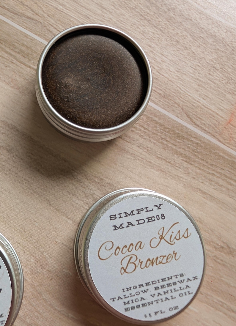 Grass-fed Tallow lip and cheek balm, highlighter, blush, bronzer with beef tallow, great for dry skin, grass fed beef tallow balm. Cocoa Kiss bronzer