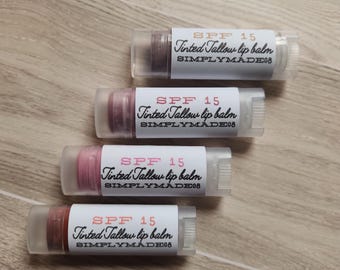 Tinted Grass-Fed Beef Tallow lip balm with SPF 15, tallow and beeswax moisturizing chapstick, moderate tint balm, essential oil scented