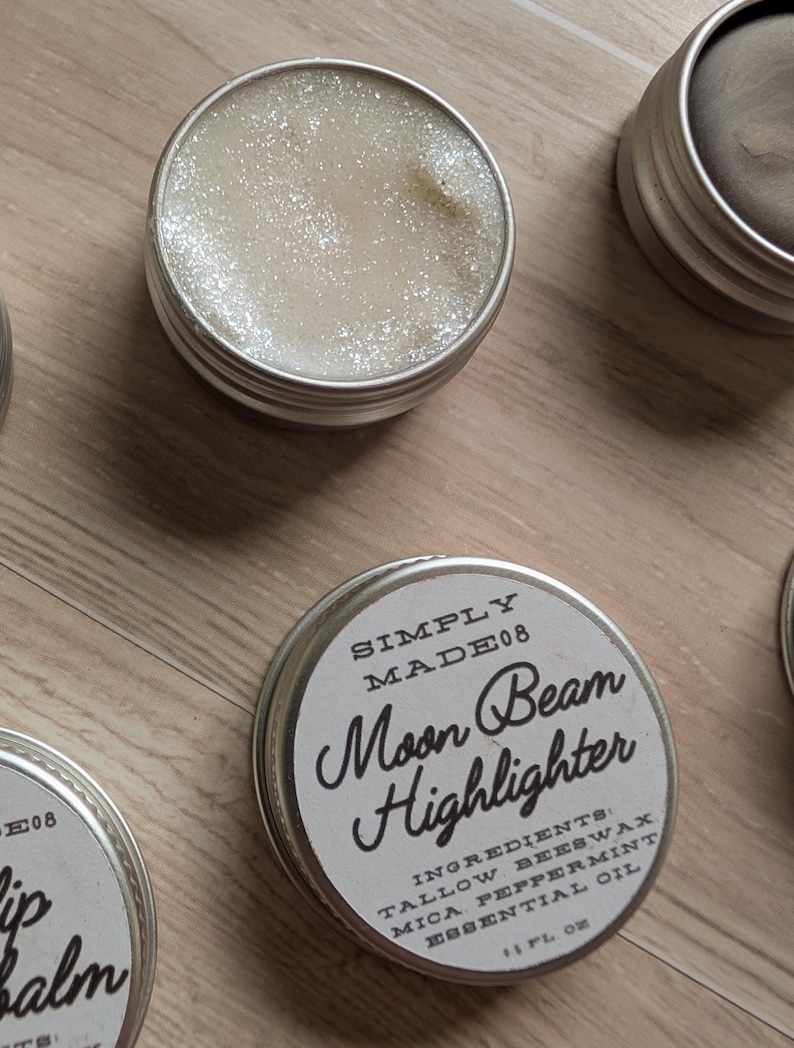 Grass-fed Tallow lip and cheek balm, highlighter, blush, bronzer with beef tallow, great for dry skin, grass fed beef tallow balm. Moonbeam Highlighter