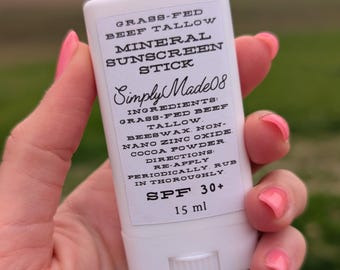 Unscented Grass-Fed Beef Tallow Mineral Sunscreen stick with broad spectrum coverage non-nano zinc oxide