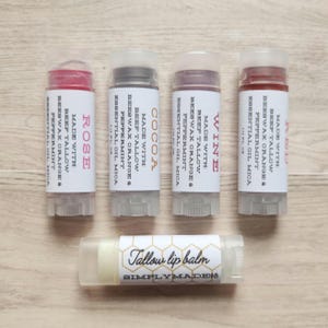 Tinted Grass-fed tallow lip balm, tallow and beeswax lip balm, scented or unscented, essential oils, moisturizing balm, moderate tint balm.