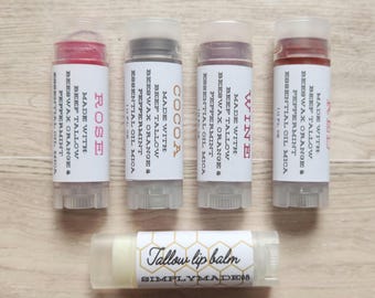 Tinted Grass-fed tallow lip balm, tallow and beeswax lip balm, scented or unscented, essential oils, moisturizing balm, moderate tint balm.