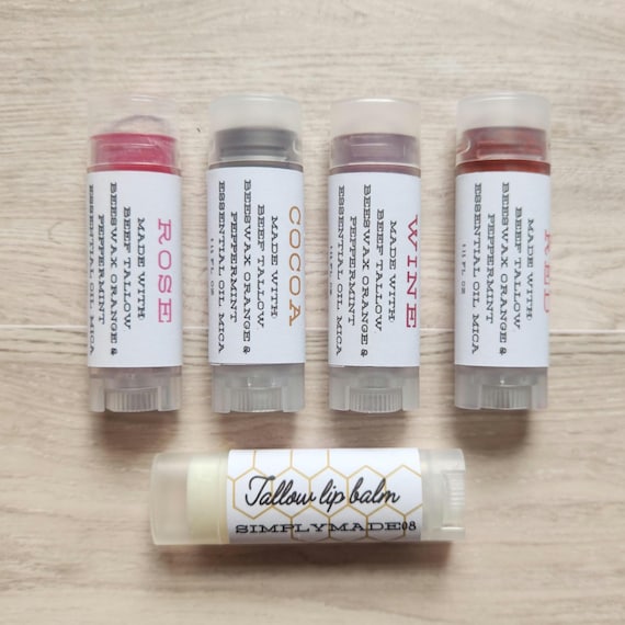 Tinted Grass-fed tallow lip balm, tallow and beeswax lip balm, scented or unscented, essential oils, moisturizing balm, moderate tint balm.