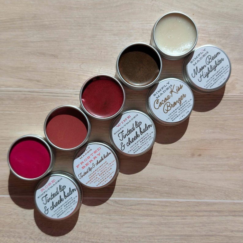 five 0.5 fl.oz. metal tins filled with beef tallow lip and cheek balm.  Cream bronzer, highlighter, and blush in five different shades.