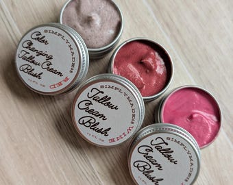Grass-fed Tallow cream blush. Color changing makeup for dry skin. Made with beef tallow and calendula extract.