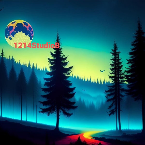 Digital Download Moon Over Forest and Creek Psychedelic Art