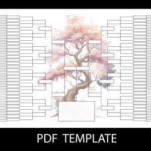 Könnte beinhalten: Eine leere Turnier-Bracket-Vorlage mit einer Aquarell-Illustration eines rosa und braunen Baumes in der Mitte. Die Bracket ist für 64 Teilnehmer ausgelegt.  PDF TEMPLATE steht am unteren Rand des Bildes.