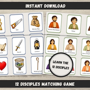 Puede incluir: Un juego de emparejamiento con tarjetas ilustradas con figuras y objetos religiosos. Las tarjetas incluyen imágenes de llaves, una sierra, una bolsa de dinero y los doce discípulos. El texto "Learn the 12 Disciples" está en un círculo.