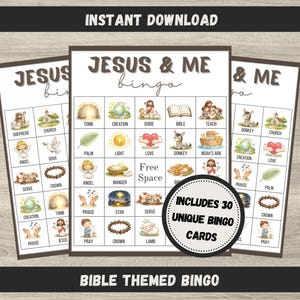 May include: Three Bible-themed bingo cards with illustrations of religious symbols and figures. The cards feature the text "JESUS & ME bingo" and include the words "INSTANT DOWNLOAD" and "BIBLE THEMED BINGO". A circular graphic states "INCLUDES 30 UNIQUE BINGO CARDS".