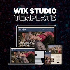 May include: A website design template for a business called "Bars & Bloom" displayed on a desktop computer, laptop, tablet, and smartphone. The website features a photo of two women lying in a field of grass. The text on the website says "We help women do amazing things in an interesting way."