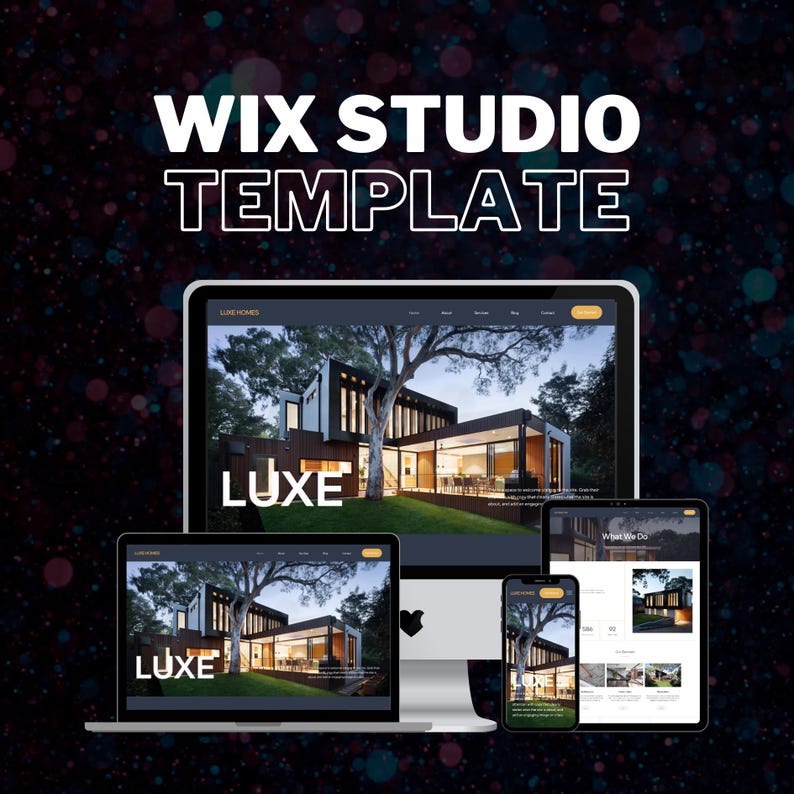 May include: A Wix Studio Template graphic with a dark background. The image displays a website design on a laptop, desktop monitor, tablet, and smartphone. The website showcases a modern house with the word "LUXE" displayed.