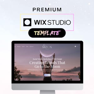 May include: A computer monitor displaying a Wix Studio website template. The screen shows a landing page with the text Premium, Wix Studio, Template, and the phrase Creating Brands That Go to the Moon above a sunset image of a person holding a moon.