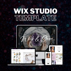 Può includere: Un modello di sito web Wix Studio per un negozio di cristalli e candele chiamato "Wick & Stone". Il sito web presenta una home page con una grande immagine di un cristallo di ametista viola, una pagina di prodotto con una griglia di cristalli e un post del blog sulle proprietà curative dei cristalli.