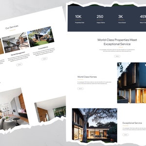 May include: A website design mockup featuring real estate services. The design includes sections for property sales, rental management, and consultations. Statistics show 10K properties sold, 250 happy clients, 3K hours saved, and 45% return clients.