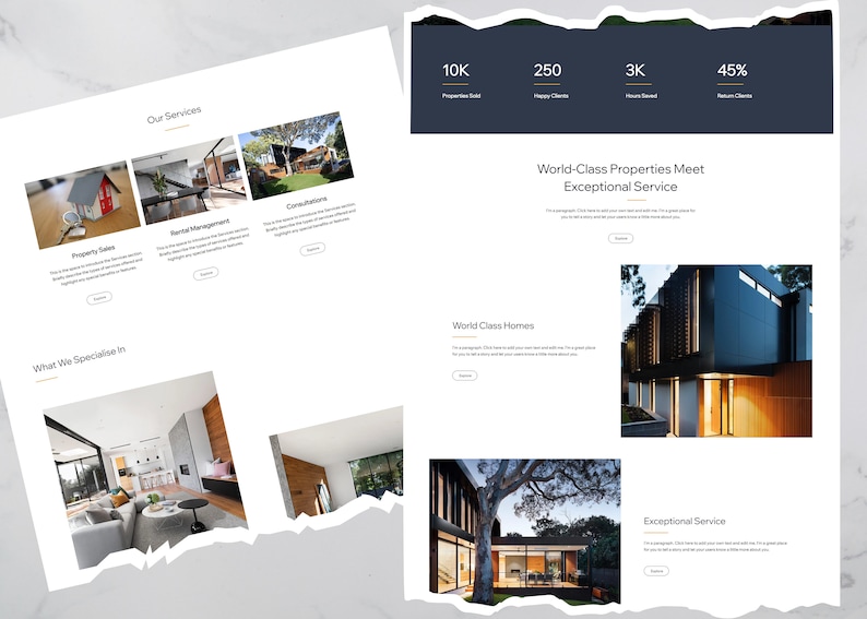 May include: A website design mockup featuring real estate services. The design includes sections for property sales, rental management, and consultations. Statistics show 10K properties sold, 250 happy clients, 3K hours saved, and 45% return clients.