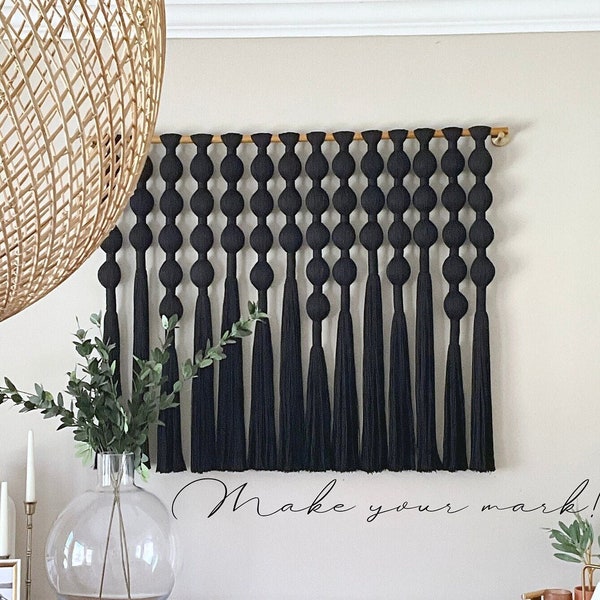 Black Yarn Wrapped Ball Macrame Mural for Wall Yarn Wall Hanging for Bedroom Black Wall Hanging Extra Large Macrame Woven Wall Hanging